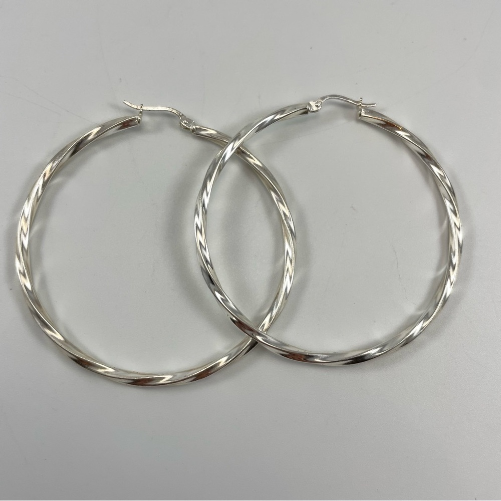 Beautiful Unsigned 925 Sterling Silver Twist Hoop 2”Earrings Statement